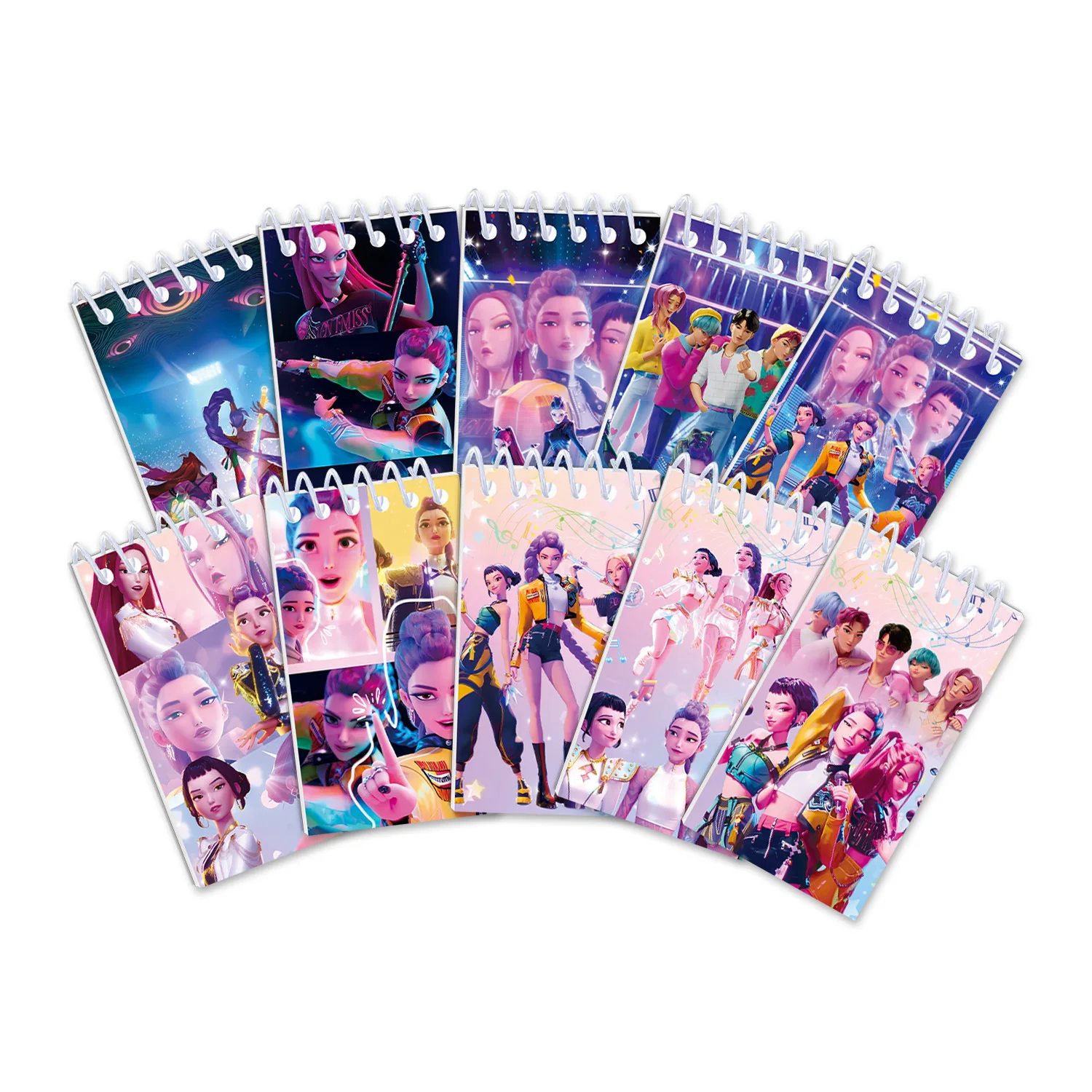 10PCS Kpop 악마 사냥꾼 코일 노트북 Huntrix Rumi Mira Zoey 애니메이션 패턴 문구 용품 학교 선물로 돌아 가기 10*6cm