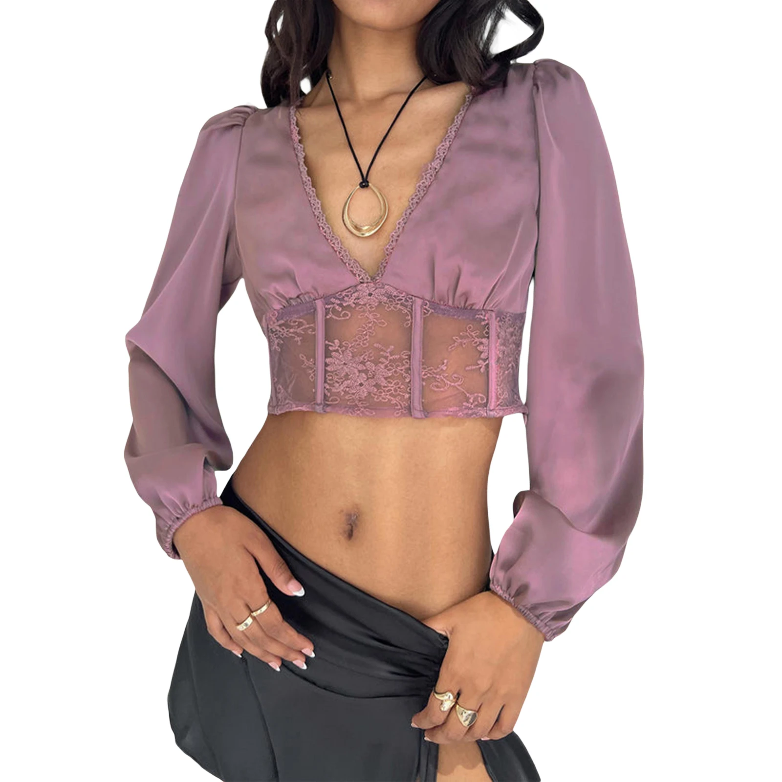 Fashion Women's Long Sleeve Blouse Purple V Neck Sheer Lace Floral Elegant Fall Spring Crop Tops