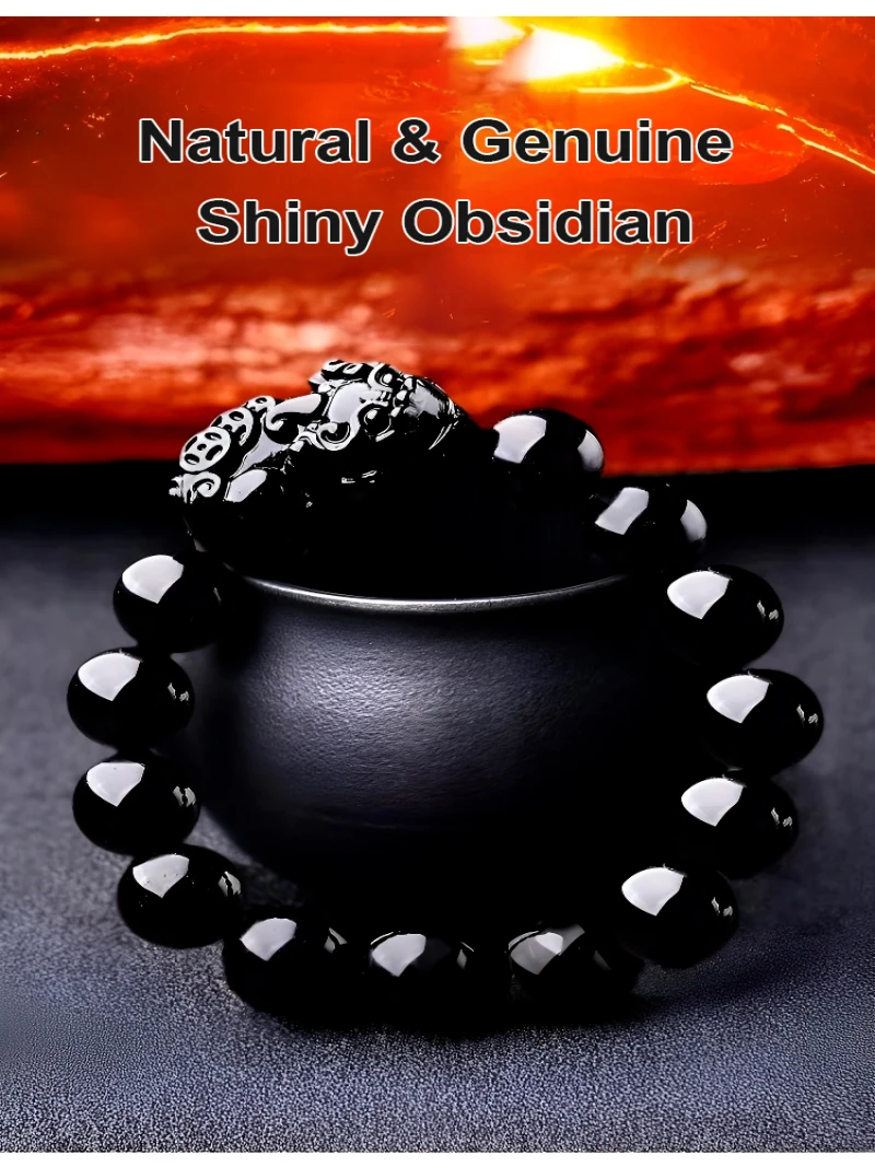 Pulseira Pixiu Cristal para Homens e Mulheres, Pulseira Transferência Obsidiana, Olho Arco-Íris Natural