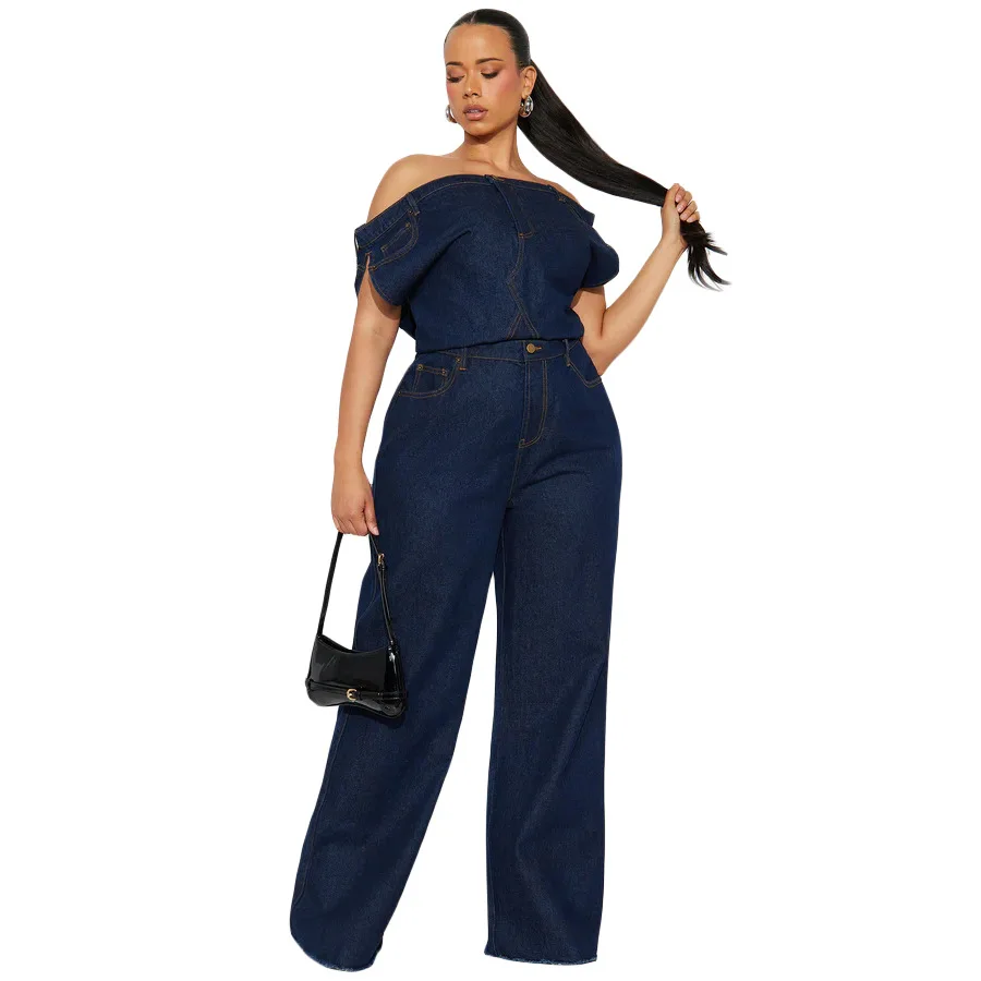women Jumpsuit One Piece washed denim overalls full length straight jean strapless distressed vintage spliced spring pockets - view 5
