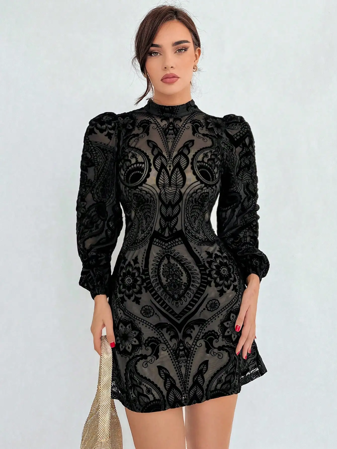 

Elegant Black Paisley Print Puff Sleeve Mini Dress
