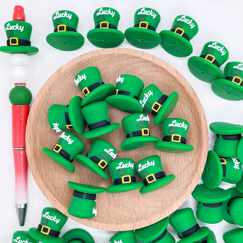 10PCS 2025 Creative 3D St. Patrick's Day Green Hat Silicone Ornaments Making Focal Beads Lucky Shamrock Top Hat Shape Bulk Beads