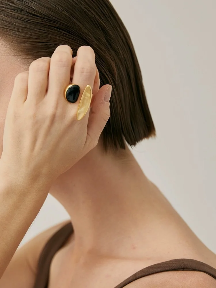 

Natural black agate ring luxury Golden geometry open index finger ring FOR Women