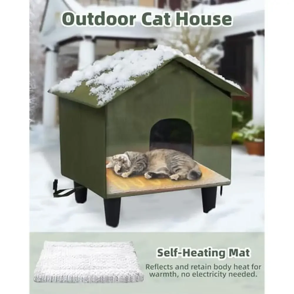 Outdoor Cat House Weatherproof Self-Heating Mat Elevated Feral Shelter Heated Bed 2 Escape Door Green.