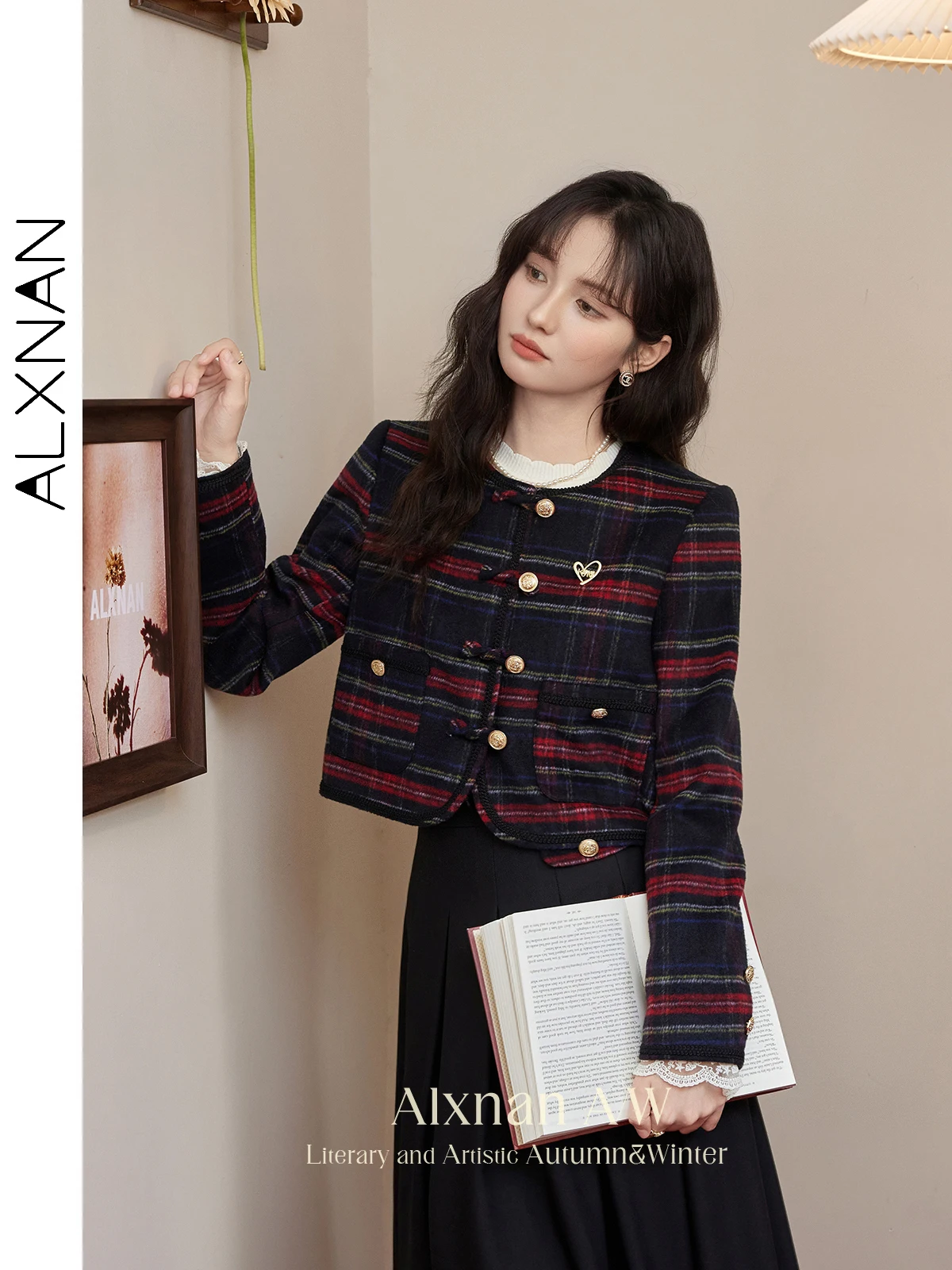 ALXNAN Vintage Gentle Tweed Jacket dla kobiet Trendy Red Blue Plaid Spliced O-neck Metal Button 2024 Jesienno-zimowa odzież wierzchnia L50615