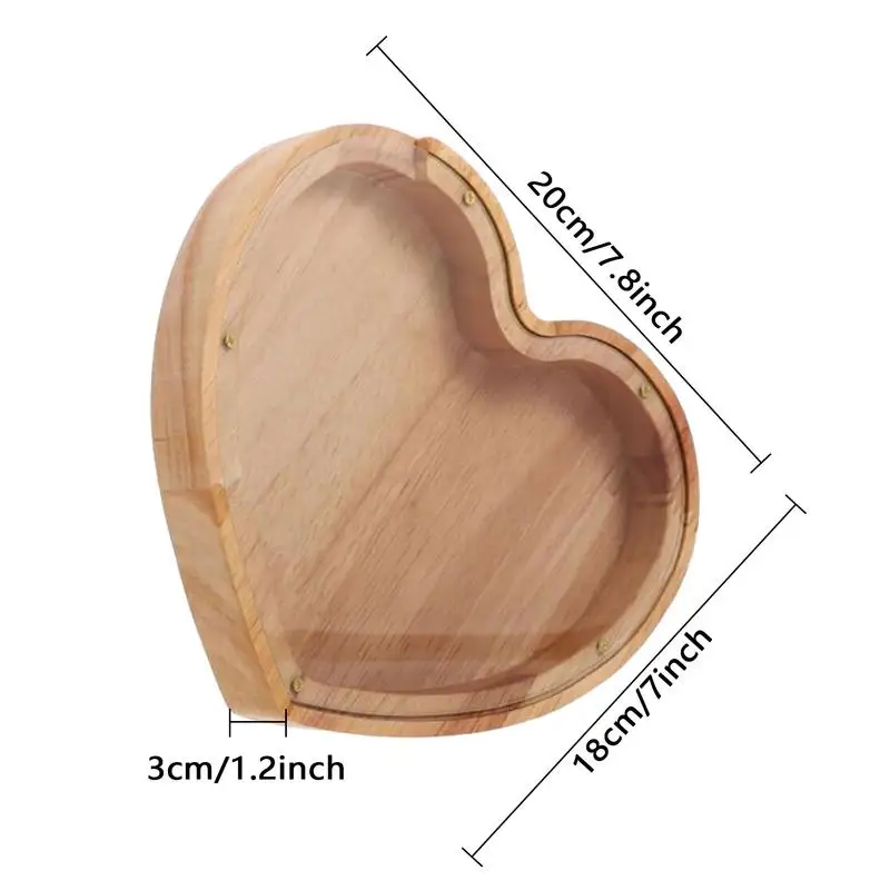 Money Safe For Cash Saving Love Heart Shape Wooden Money Saving Box Transparent Desktop Craft Ornaments Storage Box For Coin