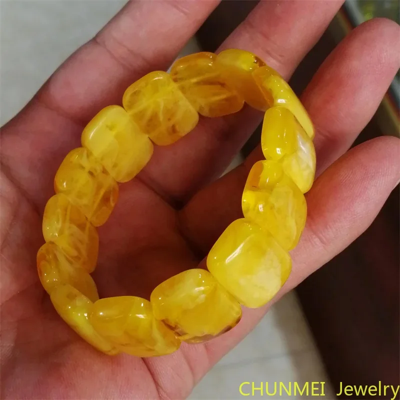 Natural Baltic Amber Elastic Wide Bracelet Yellow Beeswax Gemstone Bangle Men Women Healing Jewelry Real Ambers Amulet Bracelets