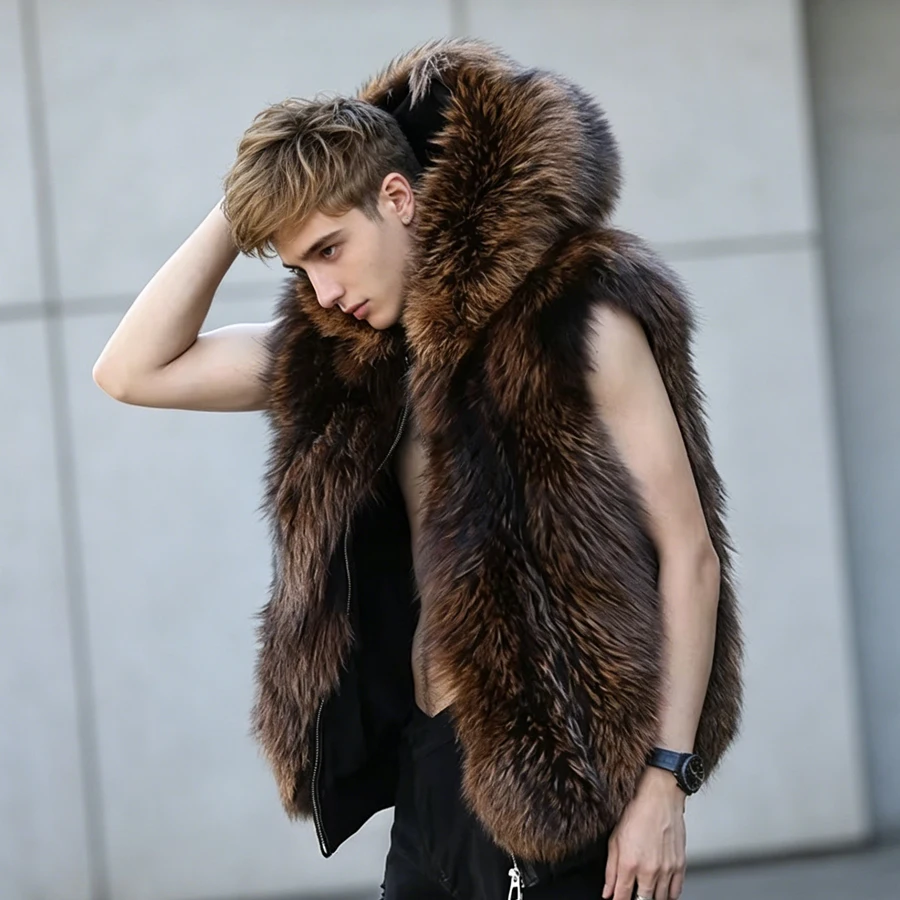 

Winter Warm Silver Fox Fur Coat Men's Real Fox Fur Coat With Zipper Hooded Fur Vest Fashion Clothing Leather Fur Jacket