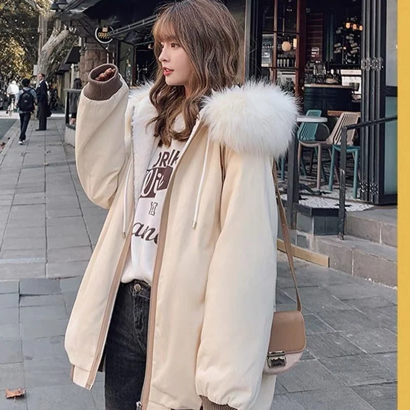 Fashion Plush Parka Jacket for Women's Korean Version Hooded and Thickened Cotton Jacket for Autumn and Winter New Student Top