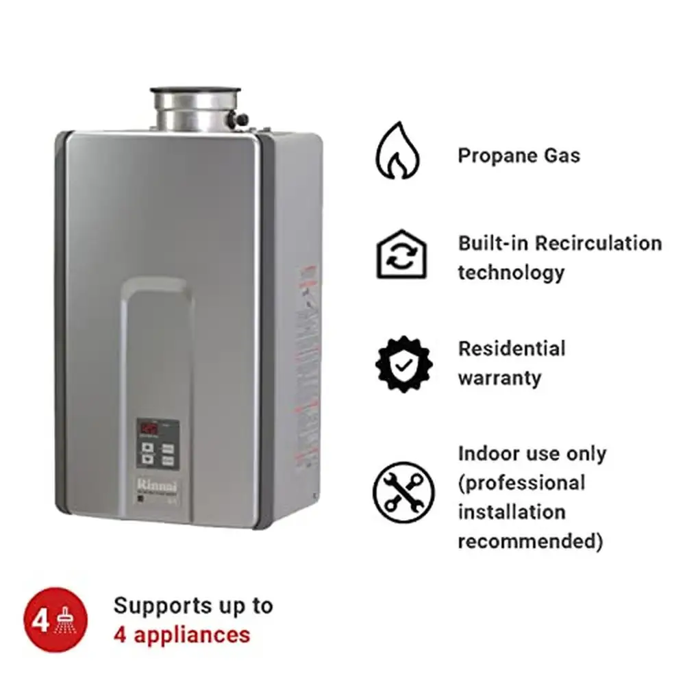 Energy Efficient Gas Tankless Water Heater 7.5 GPM Stainless Steel Compact Indoor Installation RL75IP