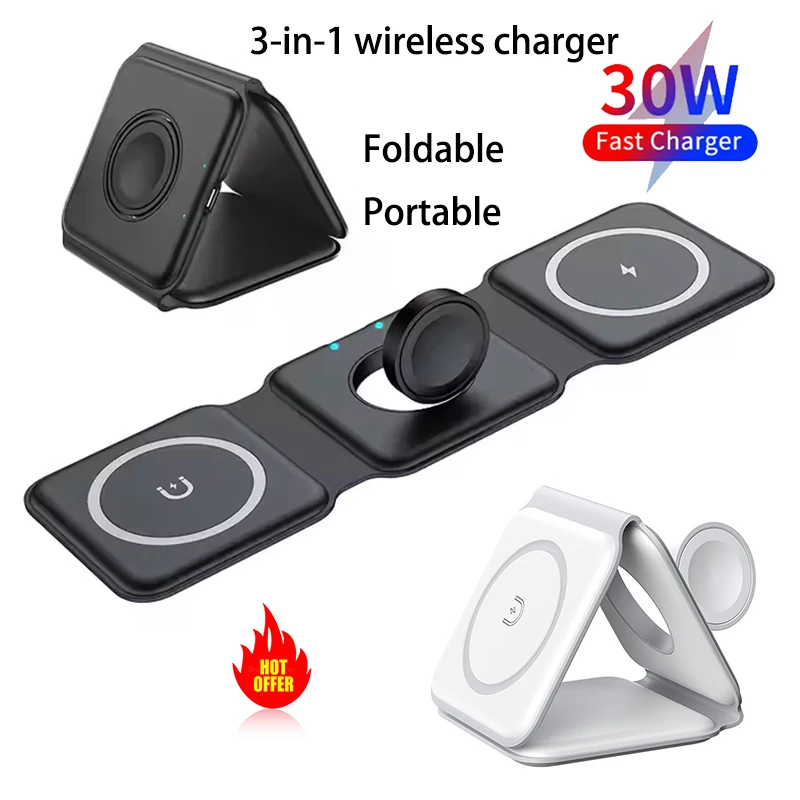 3 in 1 Foldable Magnetic Wireless Charger Stand For iPhone 16 15 14 13 Samsung S23 S24 for Apple Watch Fast Charging