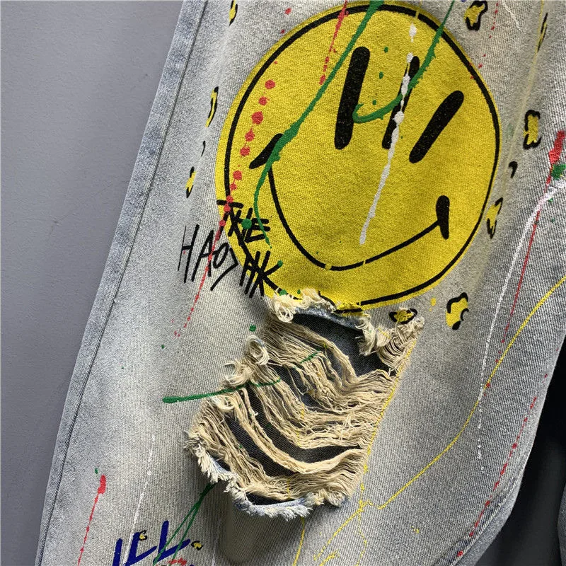 Fashion Printed Ripped Distressed Jeans for Women Summer Steetwear High-waisted Casual Denim Straight-leg Versatile Harem Pants