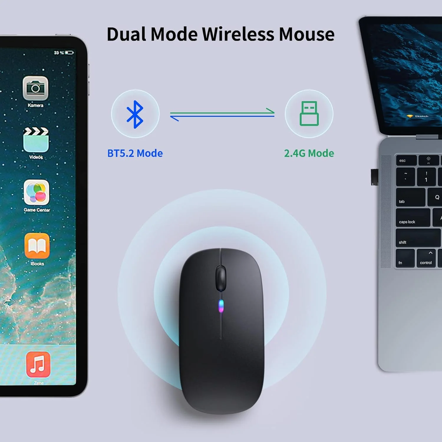 Wireless Bluetooth Mouse, Rechargeable LED Bluetooth 5.2 and USB Receiver Portable Silent Mouse,for Laptop/Desktop/Tablet