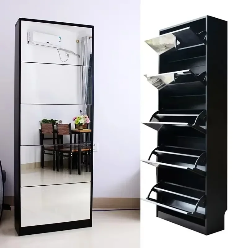 

Shoe Cabinet Flip-down Mirrored Shoes Storage Rack Wood Cabinet with Mirror