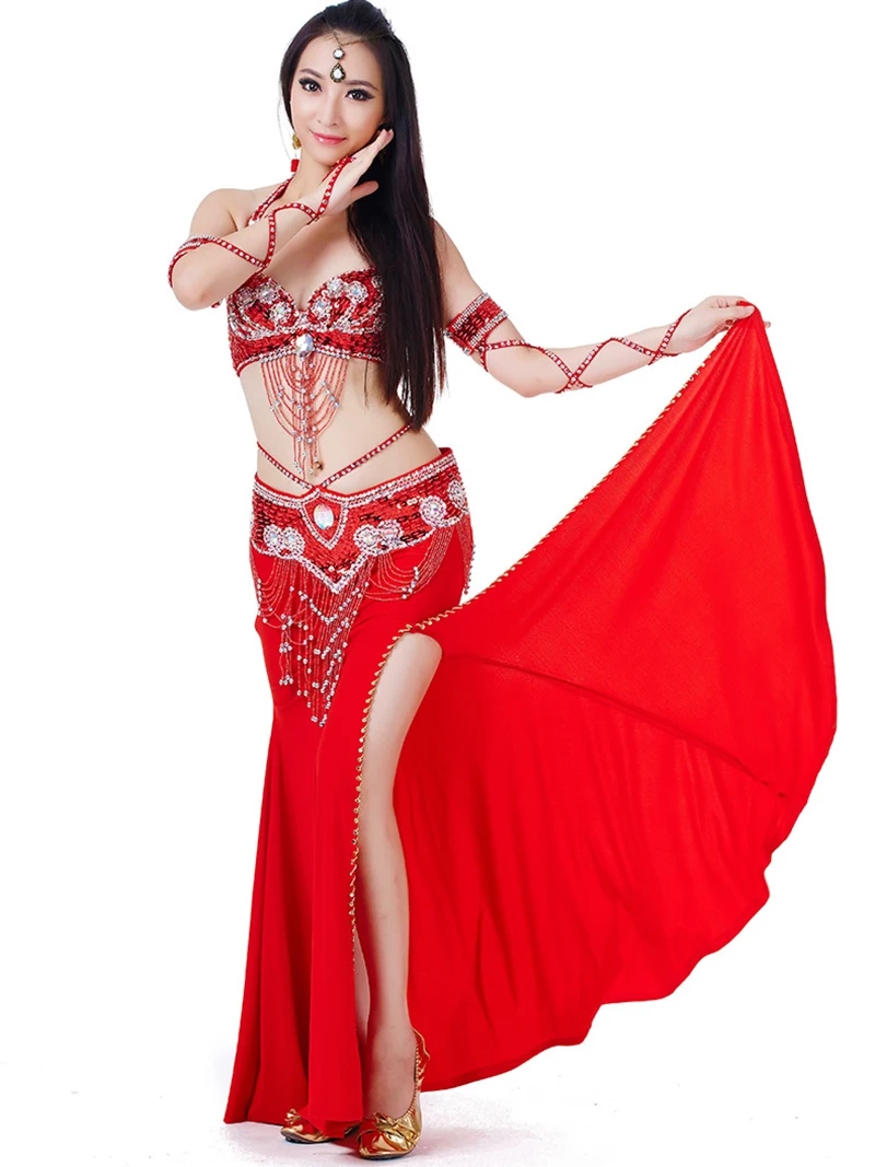 

Adult Women Indian Dancewear Belly Dance Beading Sequin Diamond Embroidery Stage Performance Costume Set Female Rave Outfits