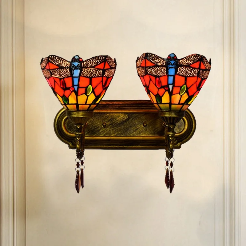 

Tiffany Baroque Red Dragonfly Wall Lamp Stained Glass Lampshade Retro Villa Decorative Lighting Bedside Wall Lamp