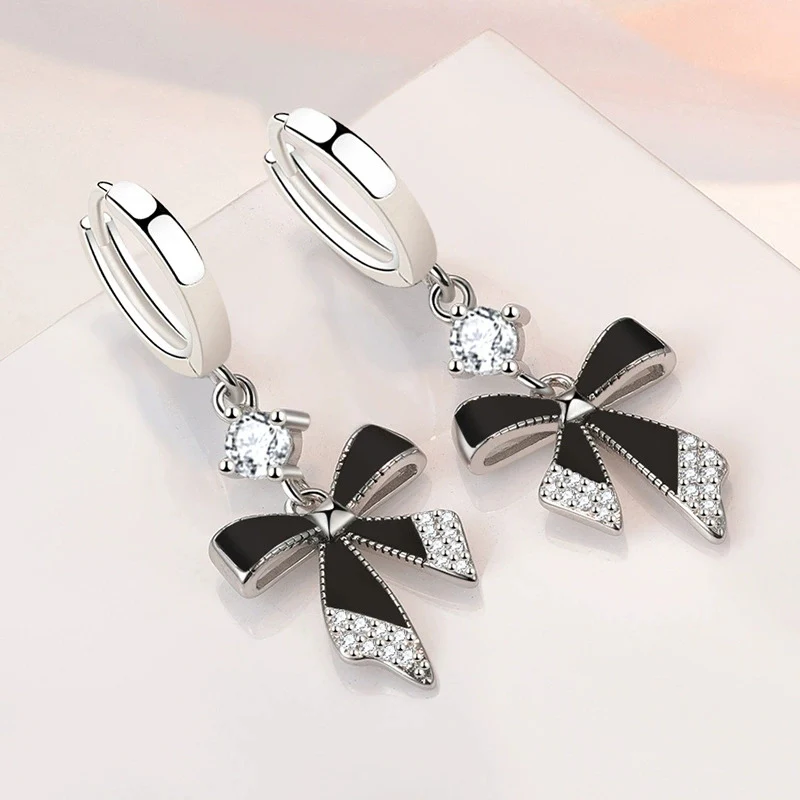 Black Bow Earrings Long Style Versatile Ear Buckle Light Luxury High-end 925 Silver Jewelry For Women Party Accessories KOFSAC