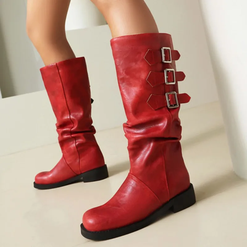 

Retro Thick Bottom Long Tube Knight Boots Women's Shoes Brown Stack Boot Mid-Calf Long Boots Winter Season Rubber Sole