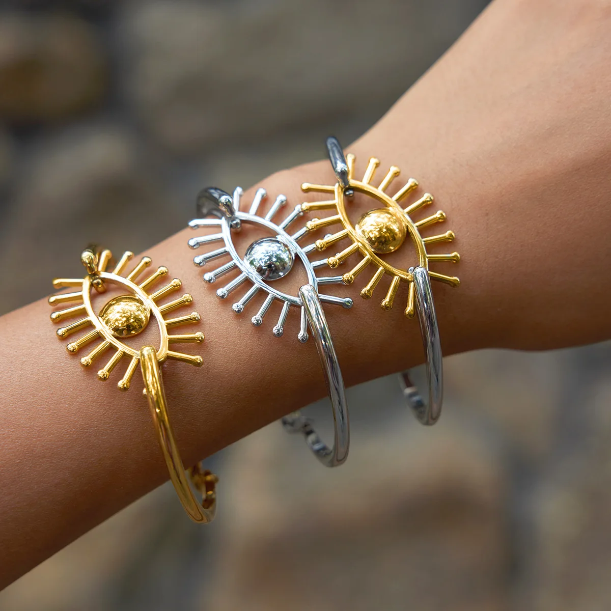 

YHTOT Minimalist Devil's Eye Bracelet 18K Gold Color Plated Stainless Steel Two tone Eye Bracelet Women's Jewelry