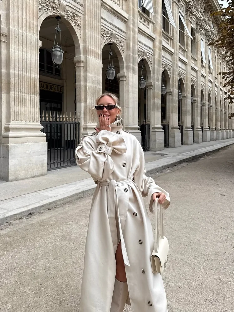 

Women Solid Stand Collar Long Trench Casual Coat Double Breasted Full Sleeve Loose Windbreaker 2025 Lady Daily Commute Outerwear