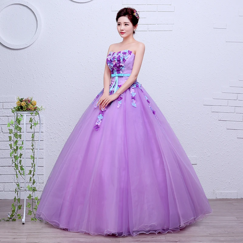 Velnosa Organza viola moda fiori abito da sposa senza spalline nuovo stile coreano principessa a buon mercato palla di pizzo abiti De Novia