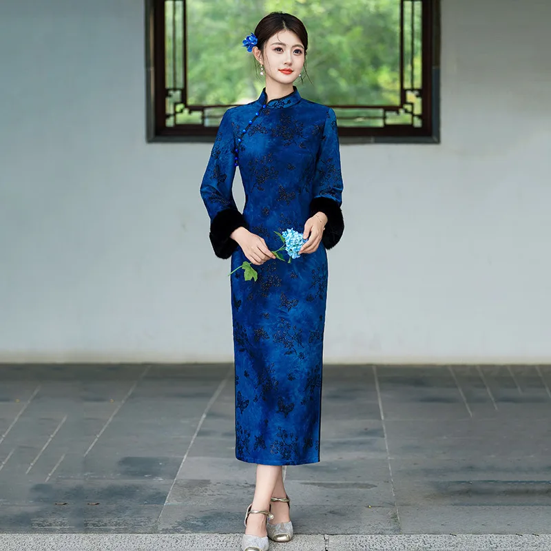 Blue Chinese Style Suzhou Long Sleeved Modified Cheongsam Winter Thick Style Women's New Chinese 2025 New Retro Autumn Qipao