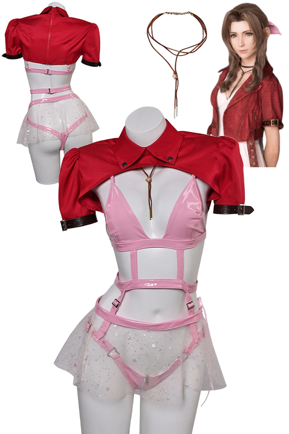Aerith Pakaian Dalam Seksi Wanita Anime Game Final Cosplay Fantasy VII Fantasia Kalung Mantel Untuk Dewasa Kostum Penyamaran Pakaian Halloween