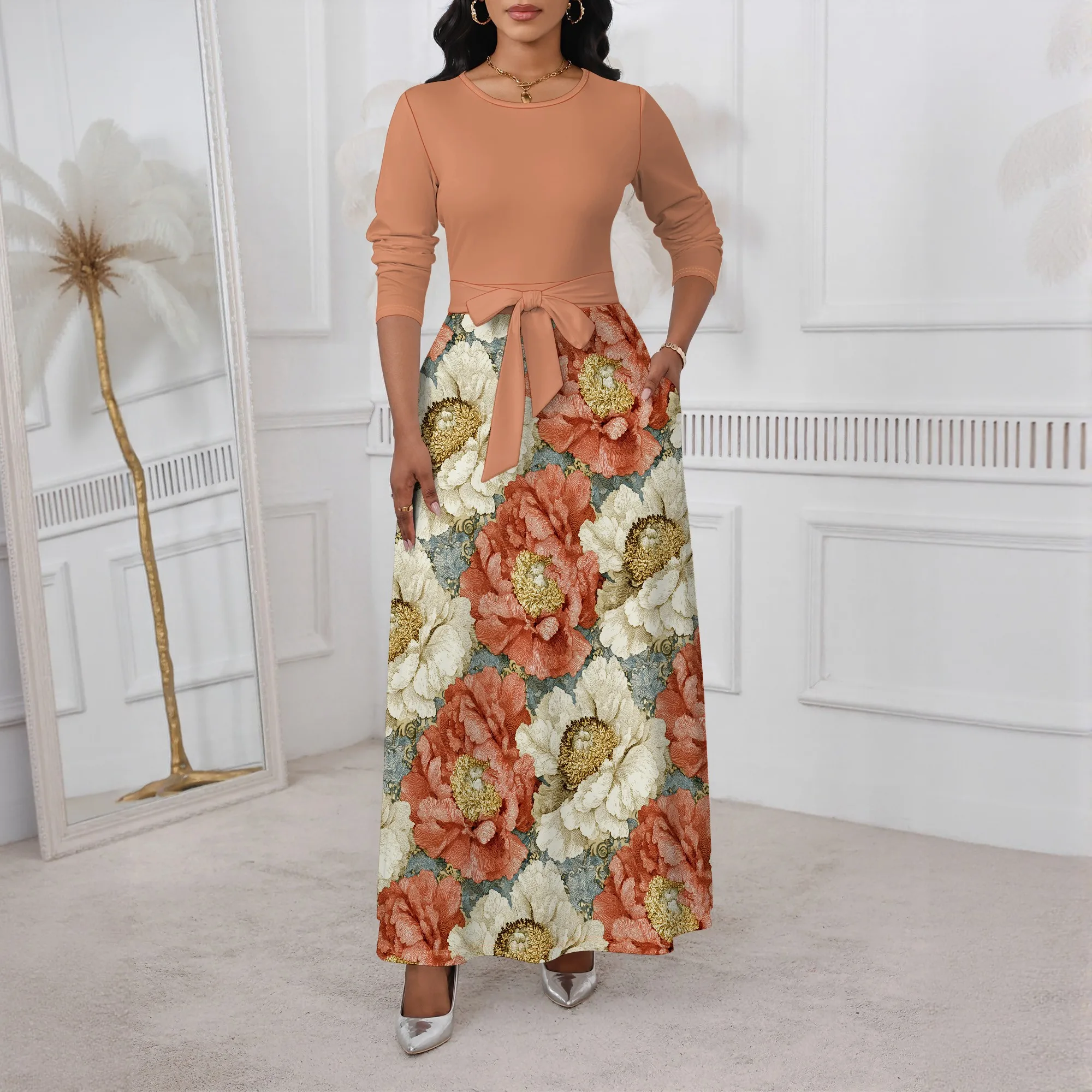 

Nupusa Peony Floral Print Dress for Women Regular Size Summer Casual Round Neck Long Sleeve Maxi Dress