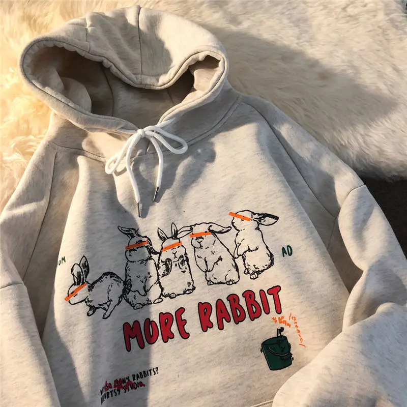 

Sweatshirt For Women's More Rabbit Print Winter Korean Style Fashion Hoodies Kawaii Oversized Hooded Polyester Harajuku