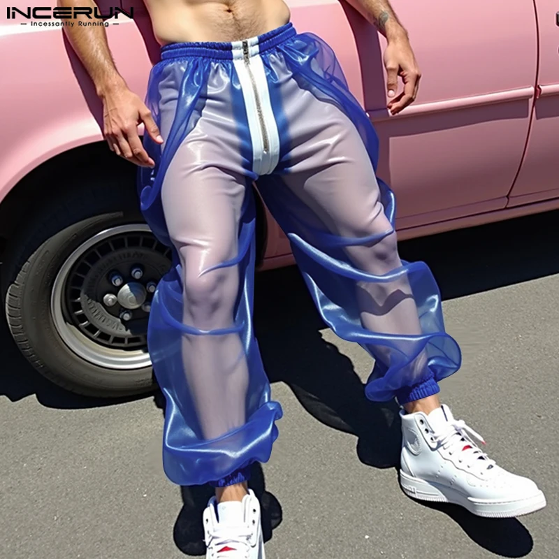 

INCERUN Men Pants Mesh Patchwork See Through Zipper Joggers Sexy Trousers Men Streetwear 2025 Color-block Fashion Men Long Pants