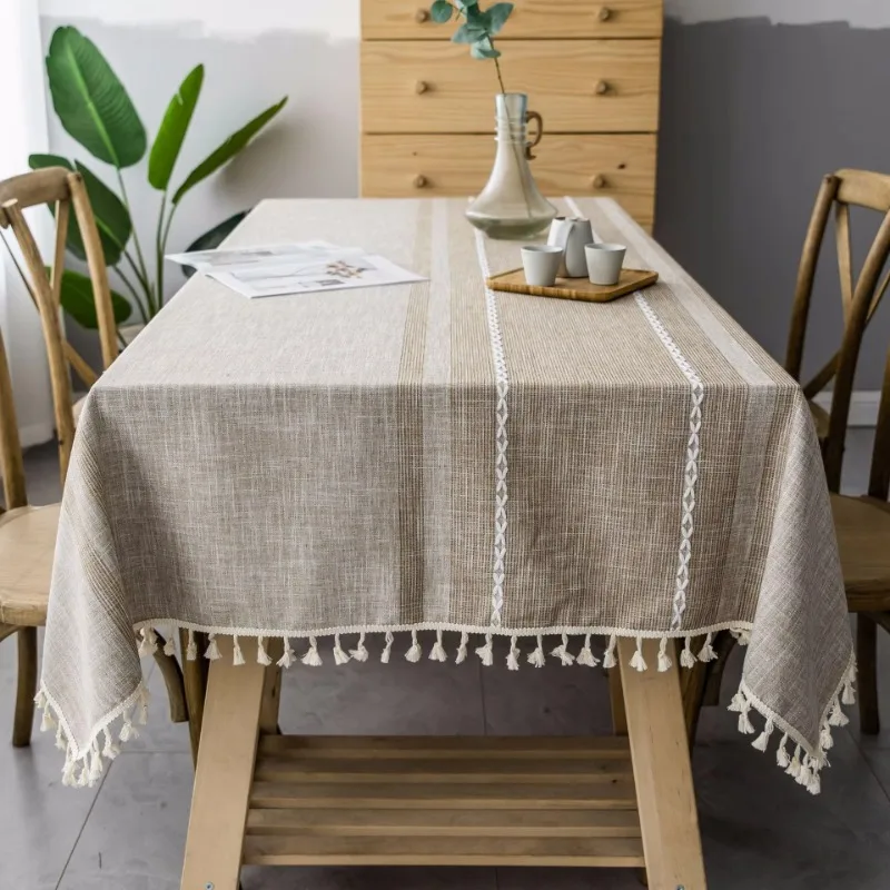 

Japanese tablecloth grey tassel wind dustproof tablecloth rectangular household cotton linen table mat