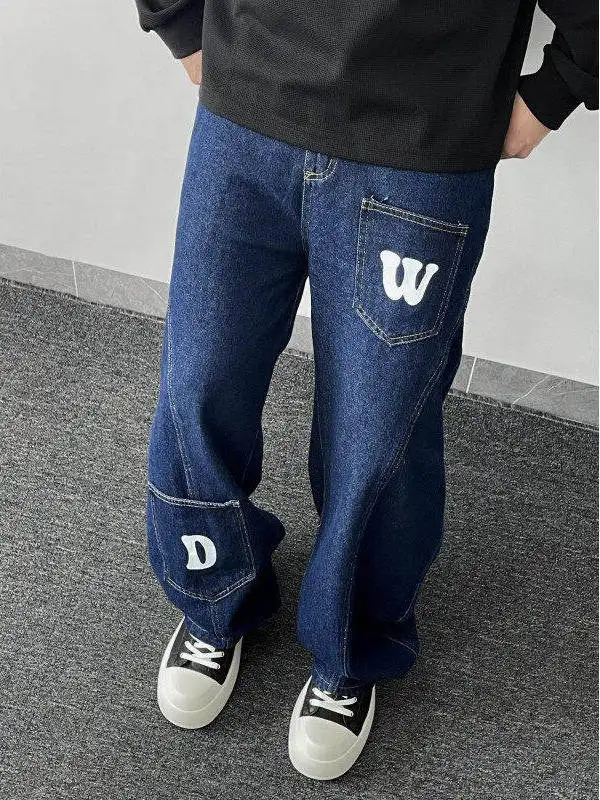 

Американские ретро-джинсы из денима синего цвета с принтом, модные широкие брюки в стиле хип-хоп для мужчин и женщин