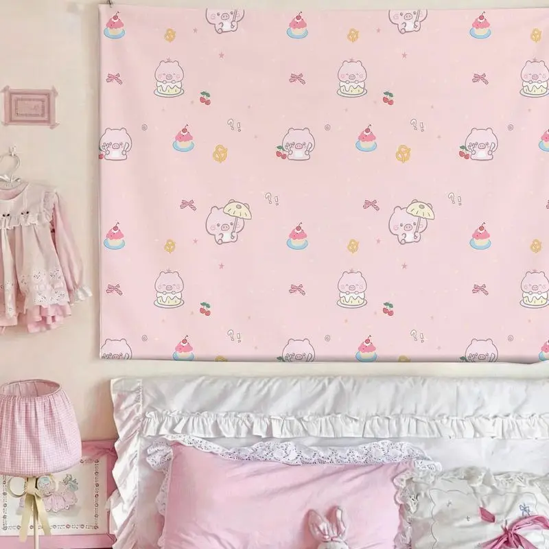 VIKAMA Piggy Cupcake Pattern Tapestry, Cute Pastel Wall Hanging for Bedroom Dorm Nursery Girls Room Decor
