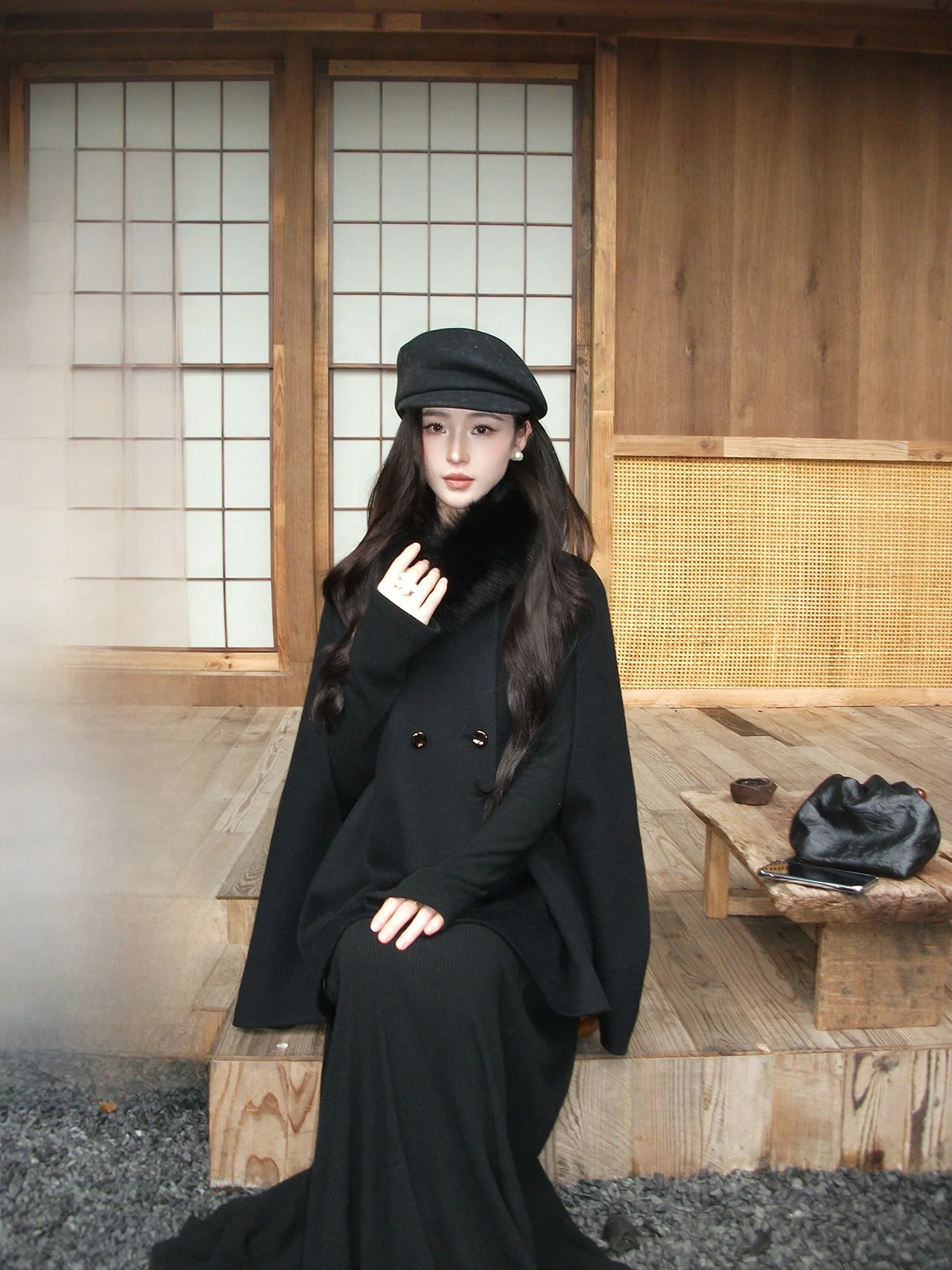 

Iceollo Double-Sided Woolen Coat ort Sle Fur Collar Women's Outerwear Comfortable Fit Long Sve round Ne Coat