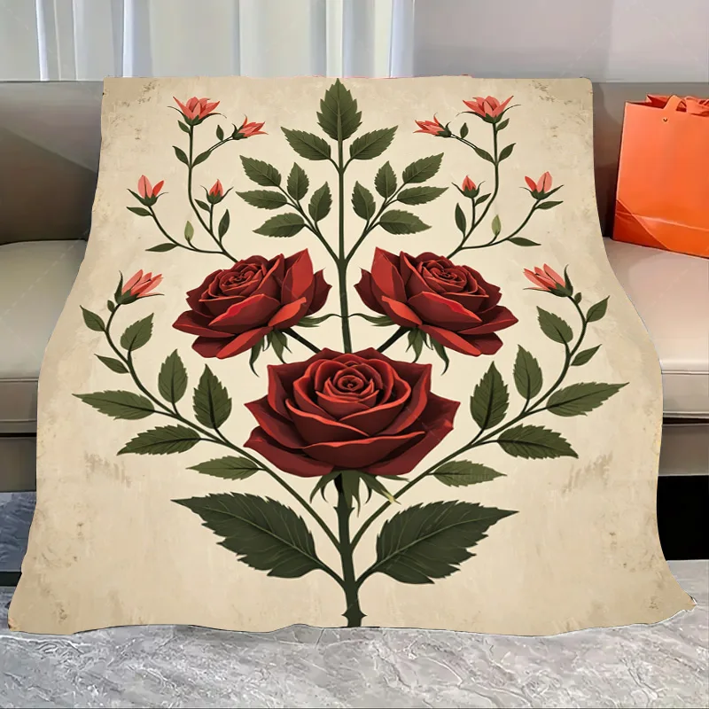 

1pc Flannel Blanket Vintage Red Rose Floral Blanket for Cozy Home Decor