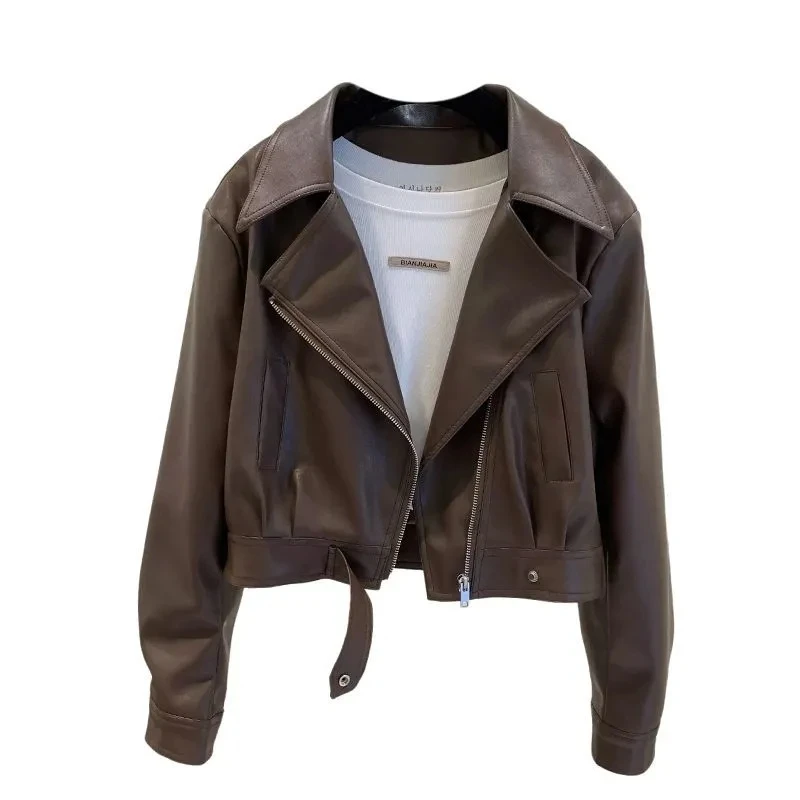 Jaqueta de couro europeu das mulheres casaco 2025 outono novo estilo temperamento lapela pequeno curto couro do plutônio emagrecimento jaquetas versáteis
