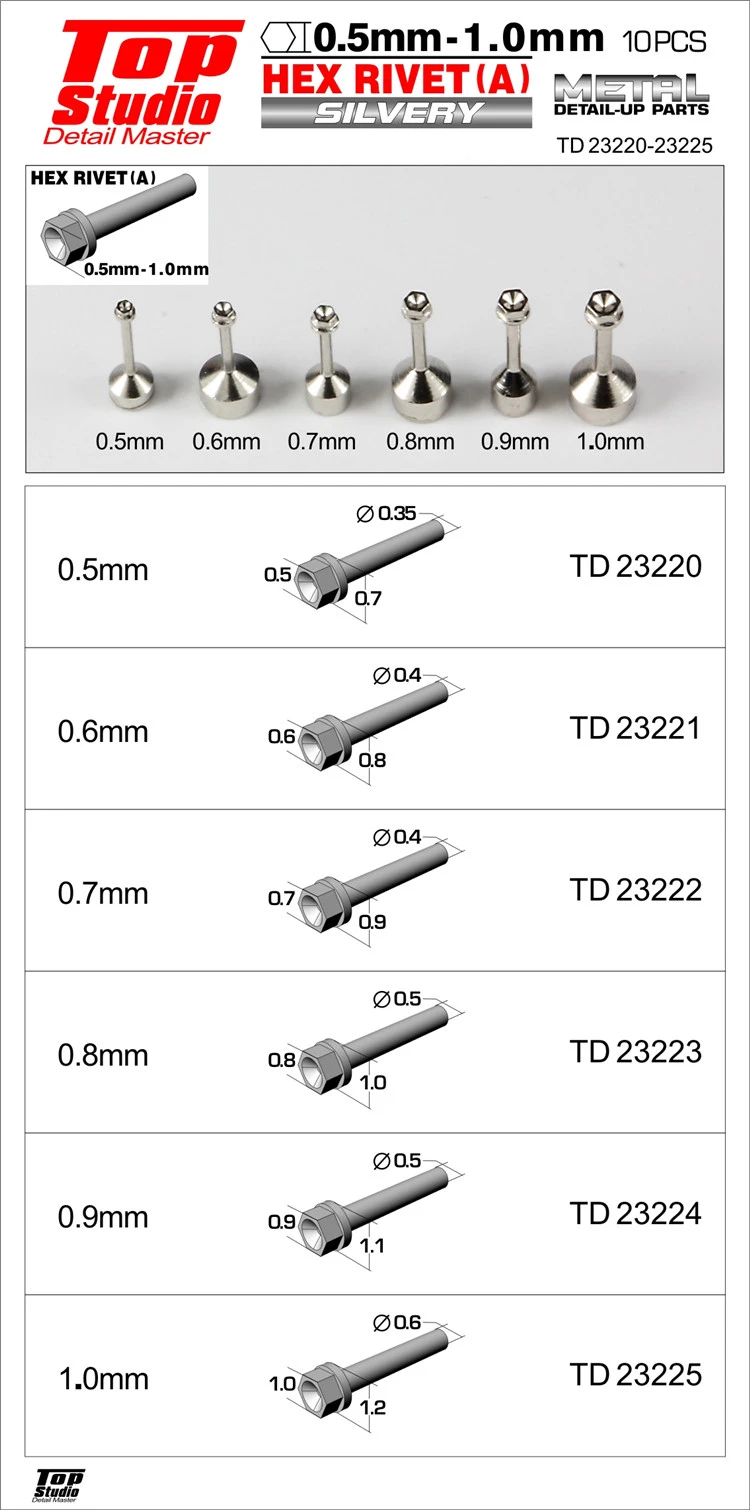 10pcs TopStudio Model Modified Details Up Parts 0.5mm-1.0mm Metal Hex Rivet A Hexagonal Screws TD23220-TD23225 for Models