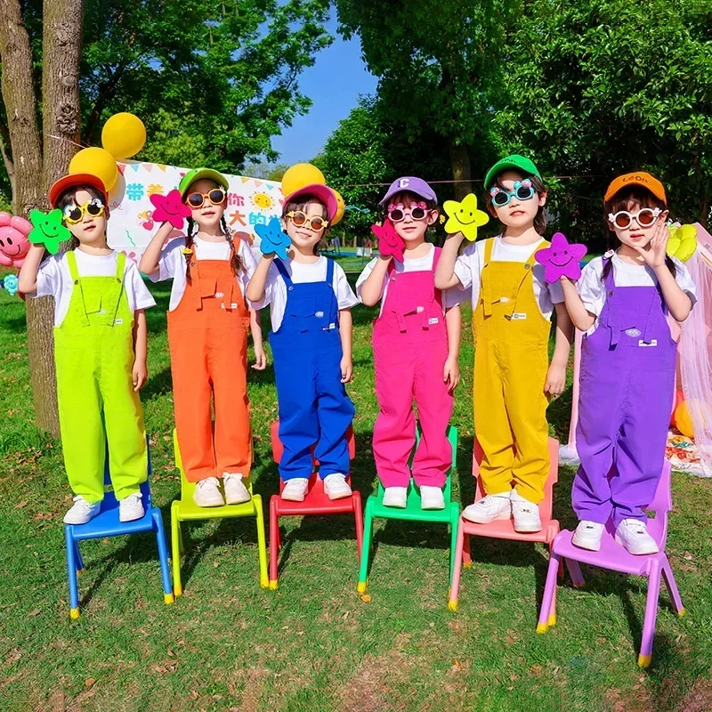 Boys Hip Hop Loose Colorful Overalls Girls Patchwork Dungaree Children Candy Color Jumpsuit Street Dance Romper Kids Streetwear