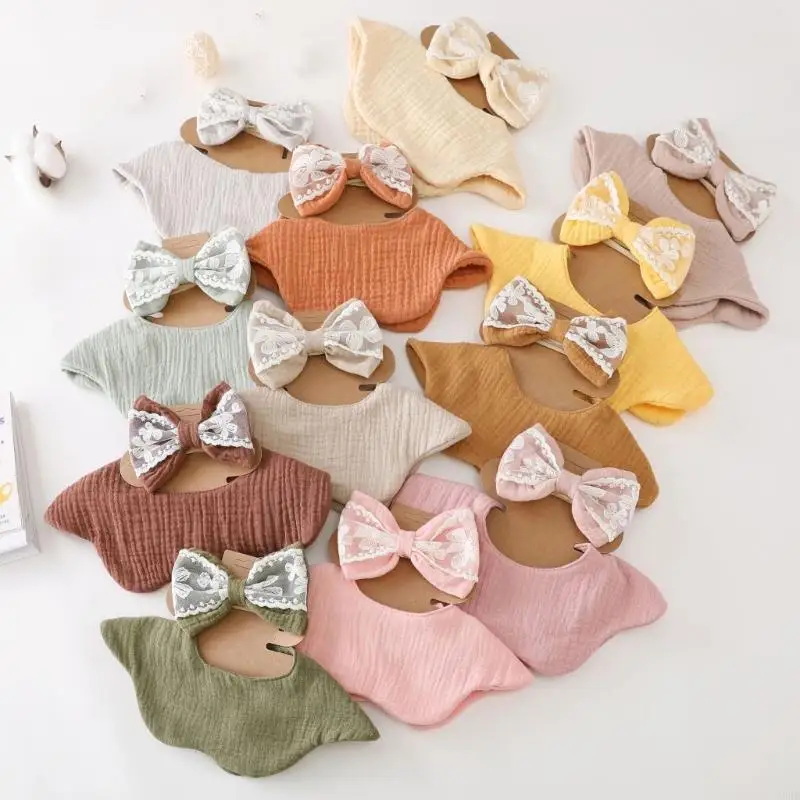 

Elegant Lace Design Baby Nursing Bib Headdress Set Cotton Gentle for Sensitive Skin Absorbent Stylish Outfit Daily Use A2UB