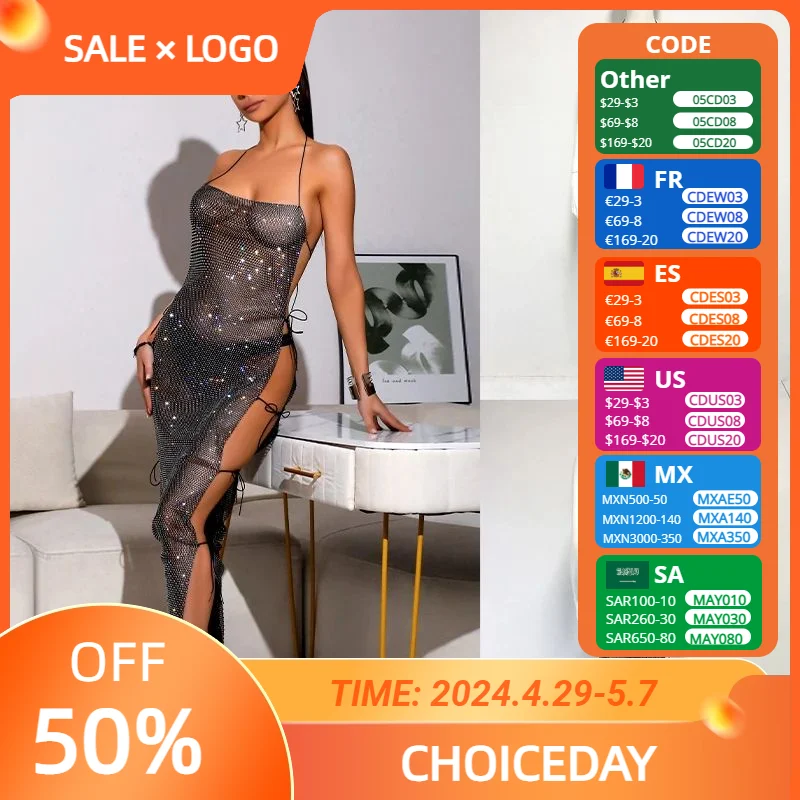 

Women Fashion Glitter Crystal Mesh Halter Dresses Goth Sexy Backless Robe Female High Slit Bandage Long Dress Party Rave Vestido