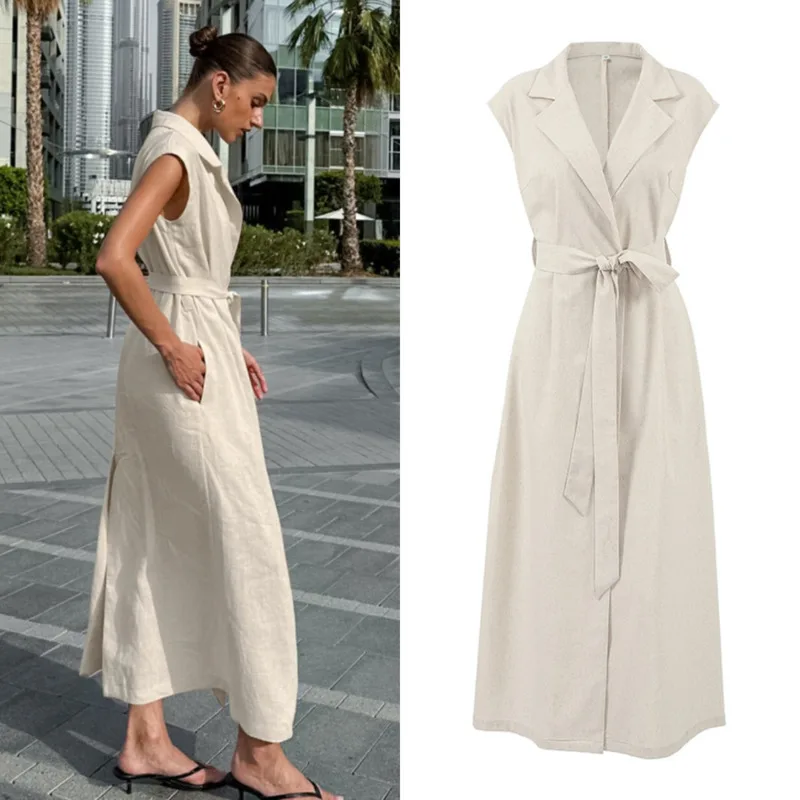 Abito camicia lunga autunnale da donna senza maniche in cotone e lino color kaki con cintura look casual urbano per l'abito da lavoro nel fine settimana 2025