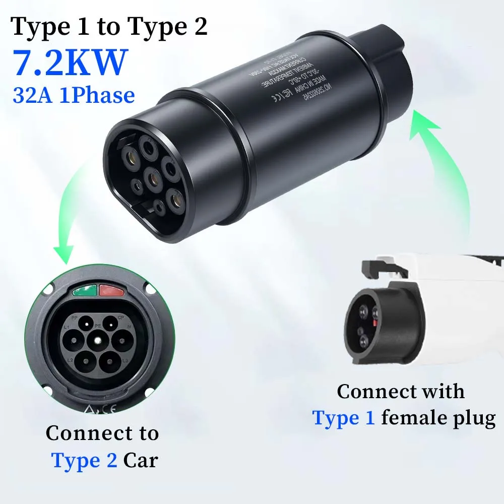 Teschev 32A 7,2 kW EV-opladeradapter voor type 1 naar type 2 Opladen voor EV-connector Type 2 naar GBT 22KW-conventor