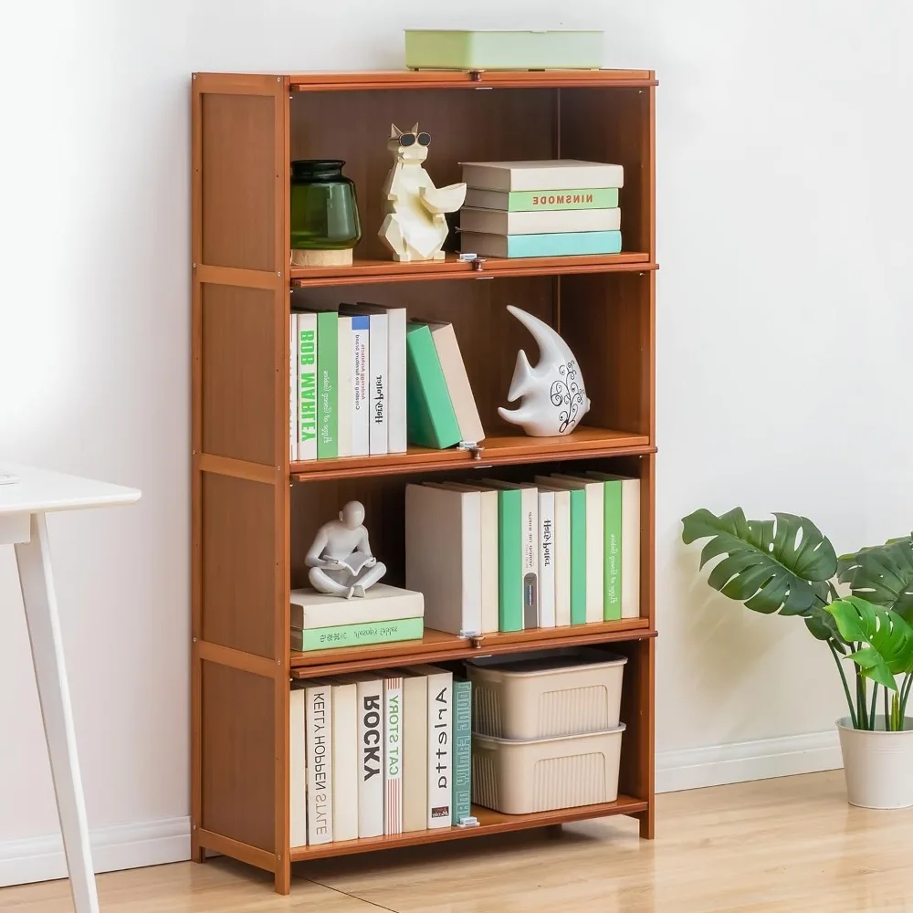 

Bamboo 4-Tier Display Case Bookcase with Clear Acrylic lip-Up Do, Wide Brown Kitchen Cabinet Storage Pantry Cabinet Showcase Sto