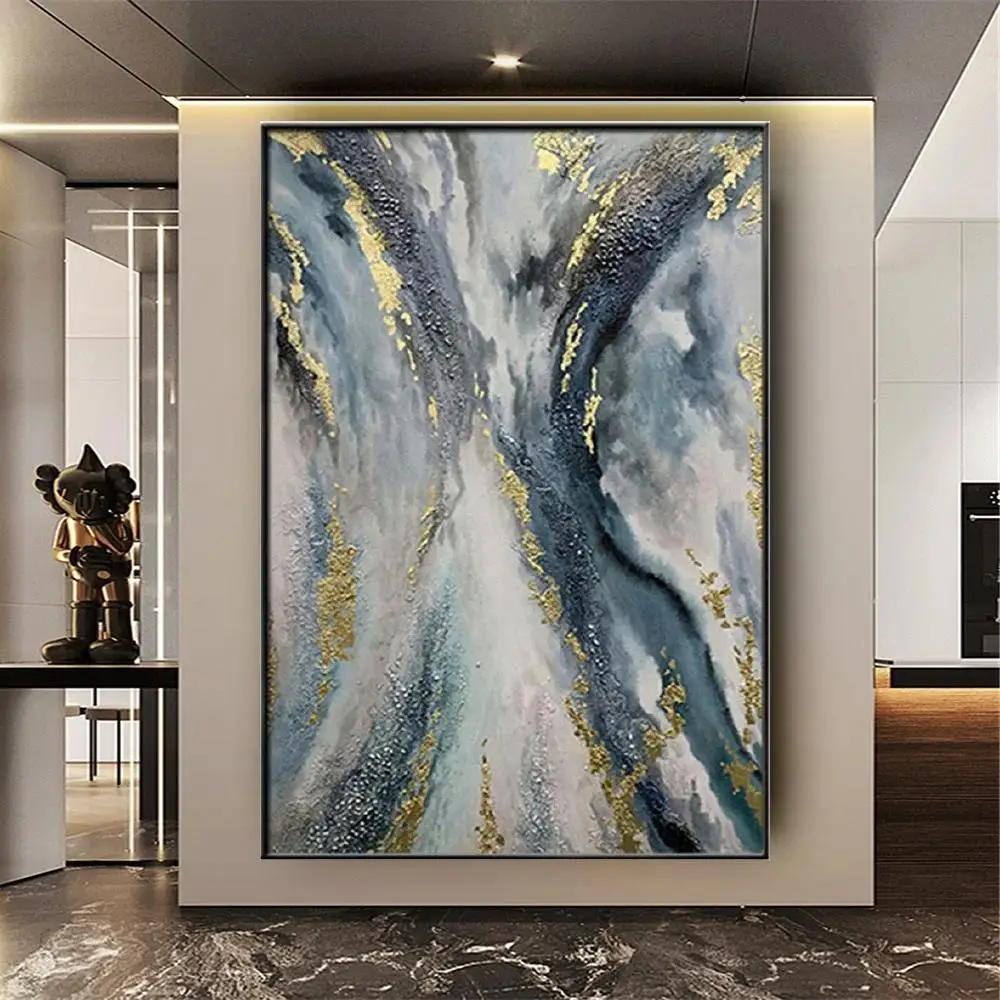 Nordic Gold Canvas Wall Picture   Handpainted Abstract Oil Painting for Living Room Blue Diagram Home Decor Art Poster