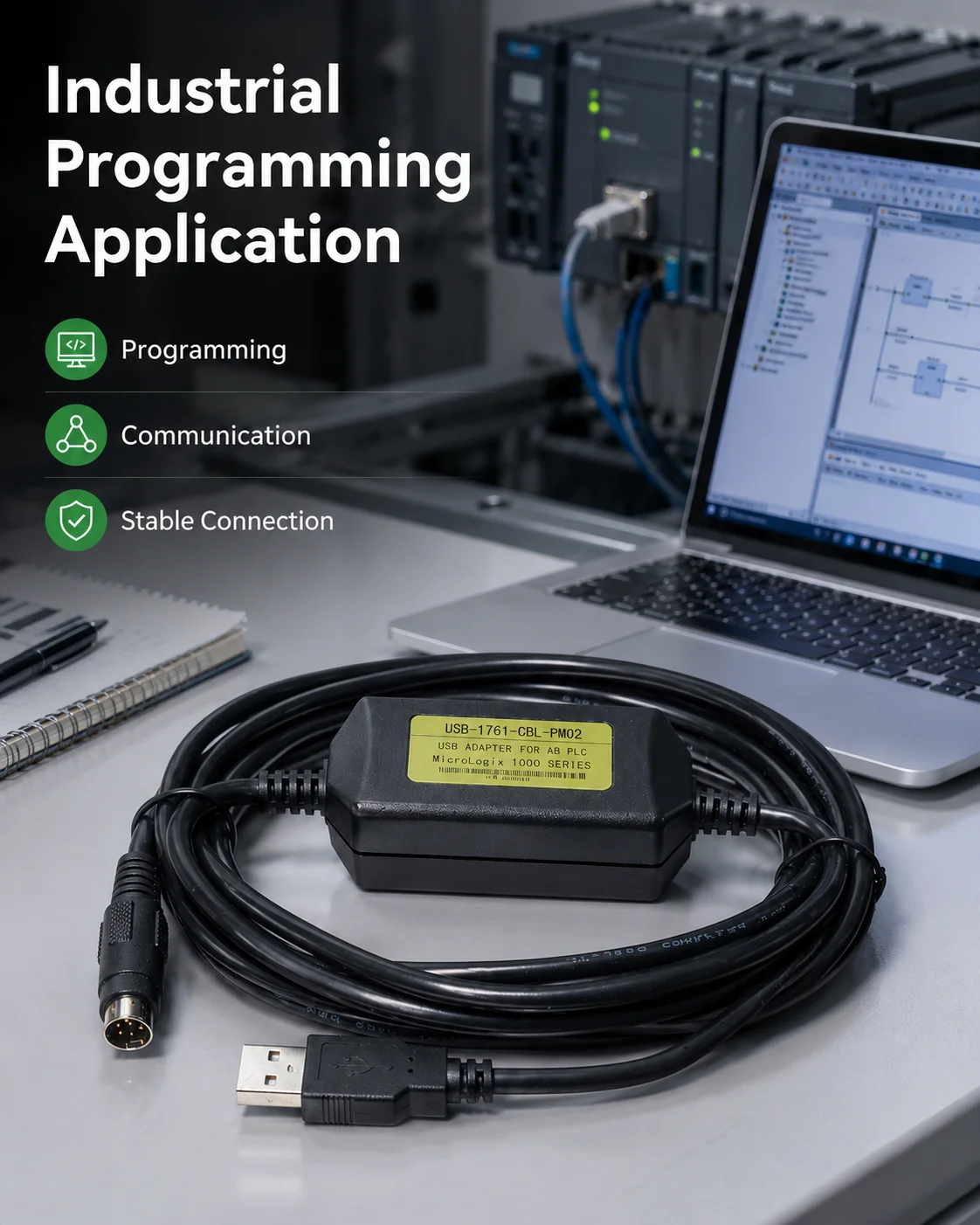 USB-1761-CBL-PM02 3M PLC Programming Cable, CH340 USB to MD8 Communication Lead for AB MicroLogix 1000 1200 1400