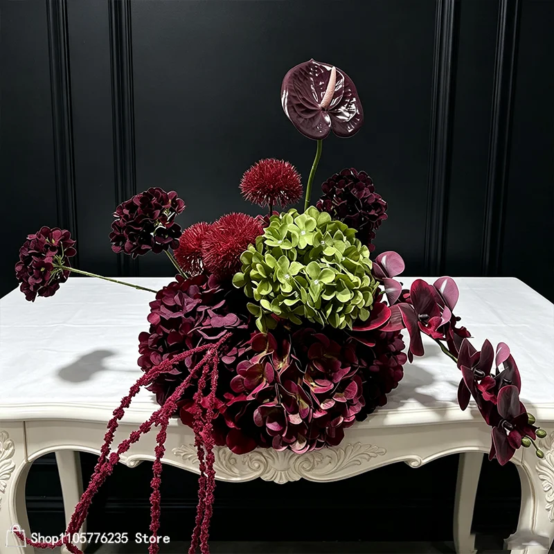 Künstliche burgundergrüne Hortensien-Tischdekoration, Hochzeits-Centerpiece, Anthurium-Orchideen-Blumenball, Event-Party-Requisiten – Detail 4