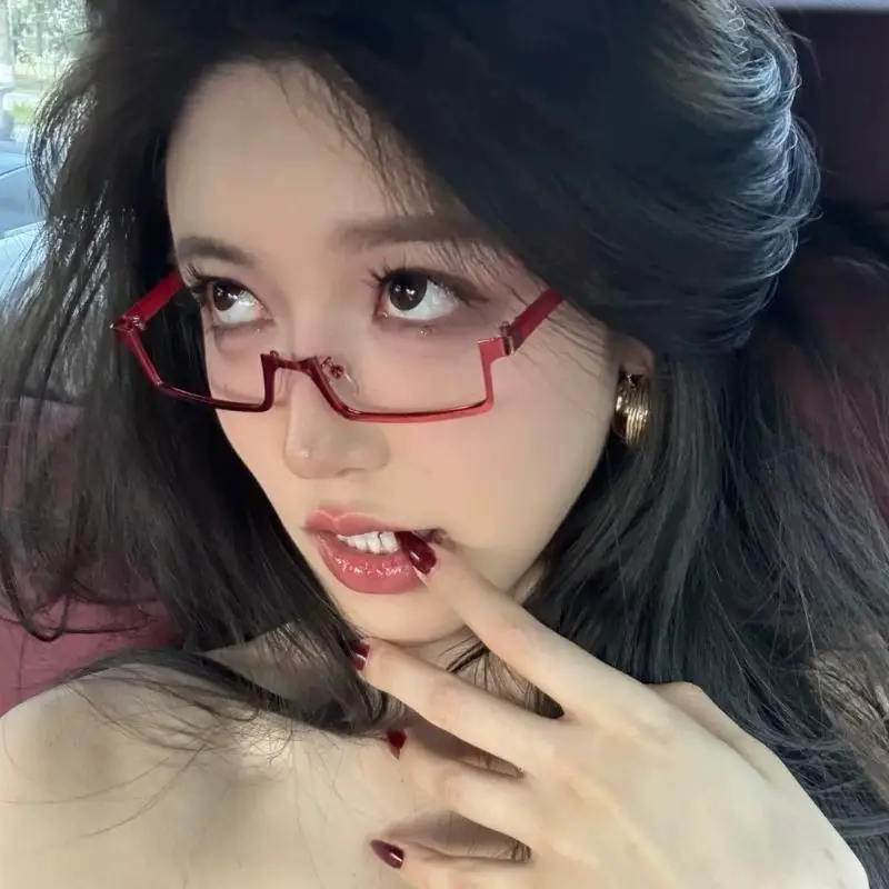 Y2K انمي ياباني نظارات إطار صغير مربع تأثيري الأحمر نصف إطار نظارات لا العدسات موضة المعادن مستطيلة النظارات #3