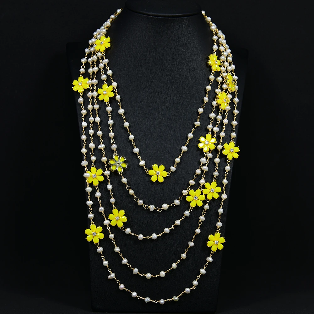 G-G 5 Rows Natural White Pearl Chain Necklace Gold Plated Yellow Jade Crystal Pave Flower Connector Fashionable Jewelry