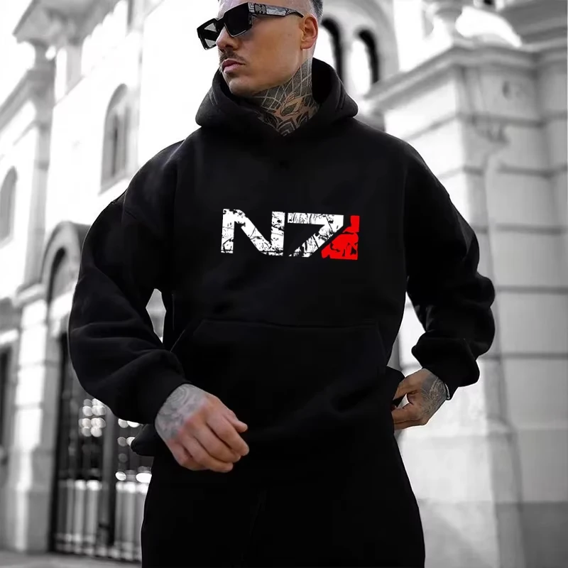 2025 Autumn And Winter New Men's Casual Pullover Sports Hoodie Letter N7 Printed Daily Simple Style Fashionable Clothing