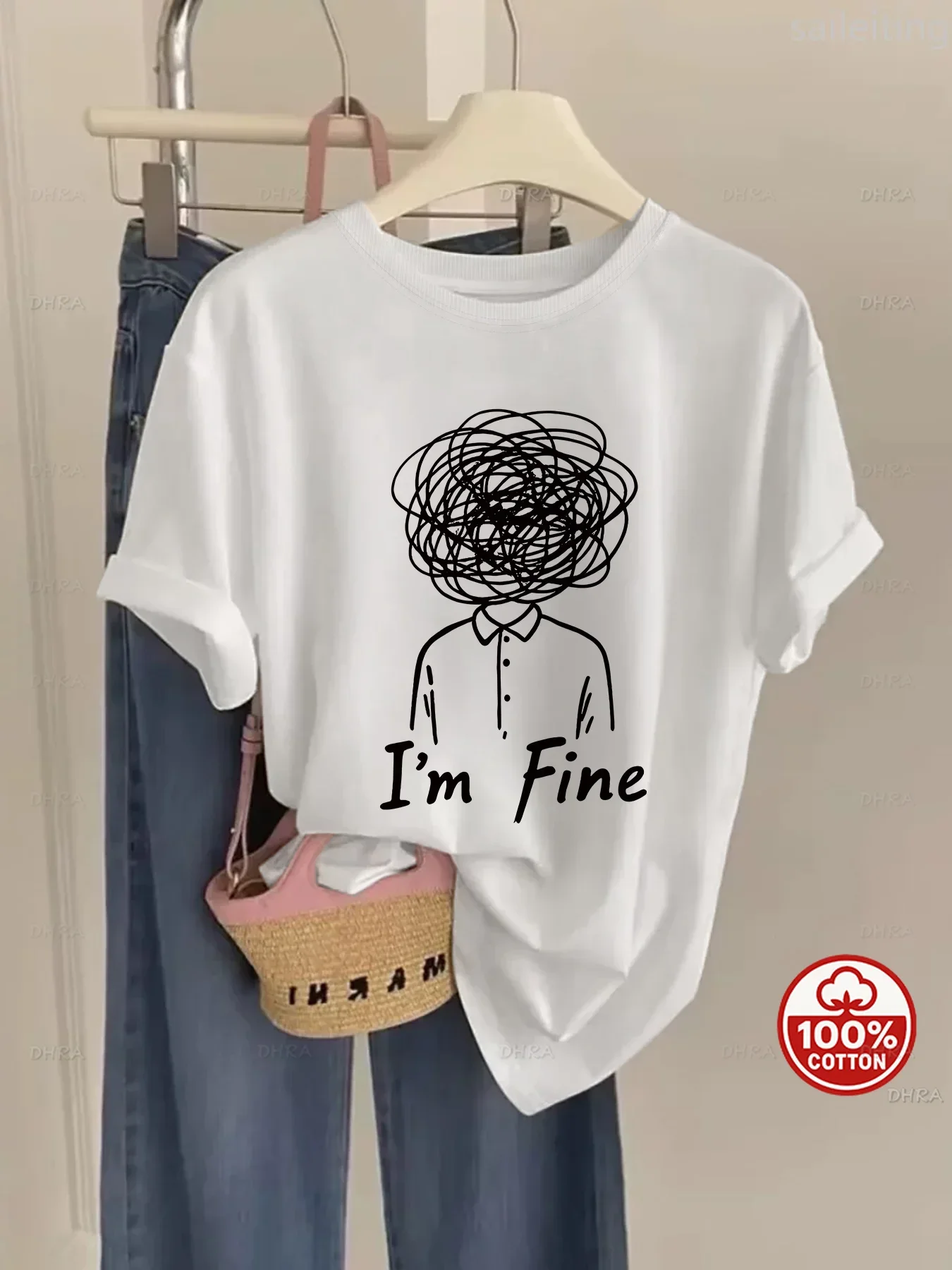 Funny Mental Mood T-Shirt Women Men I'm Fine Tangled Thoughts Line Art Graphic Short Sleeve Top